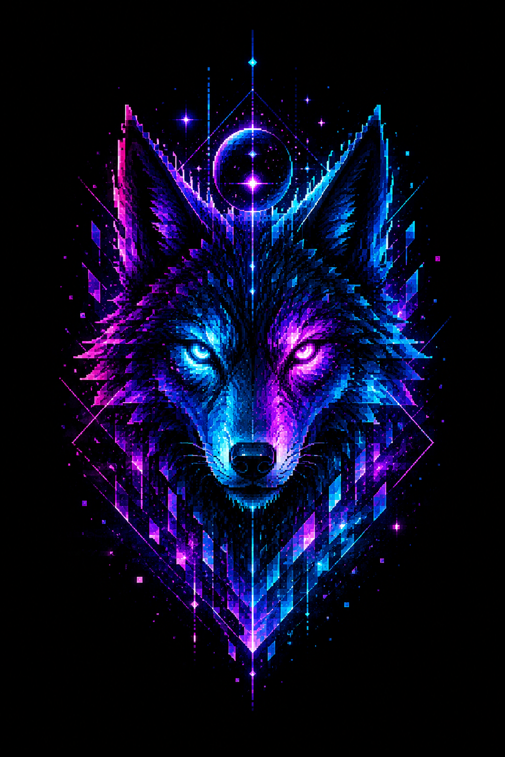 Retrato pixelado de un lobo con iluminación azul y magenta